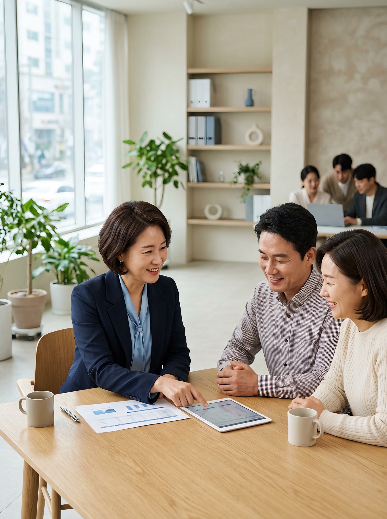 설계사가 부부 고객에게 보장 비교 자료를 설명하는 모습